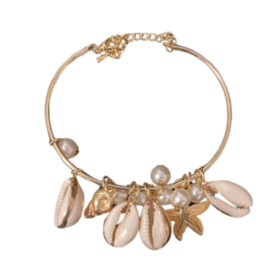 pulseira dourada concha e pérolas